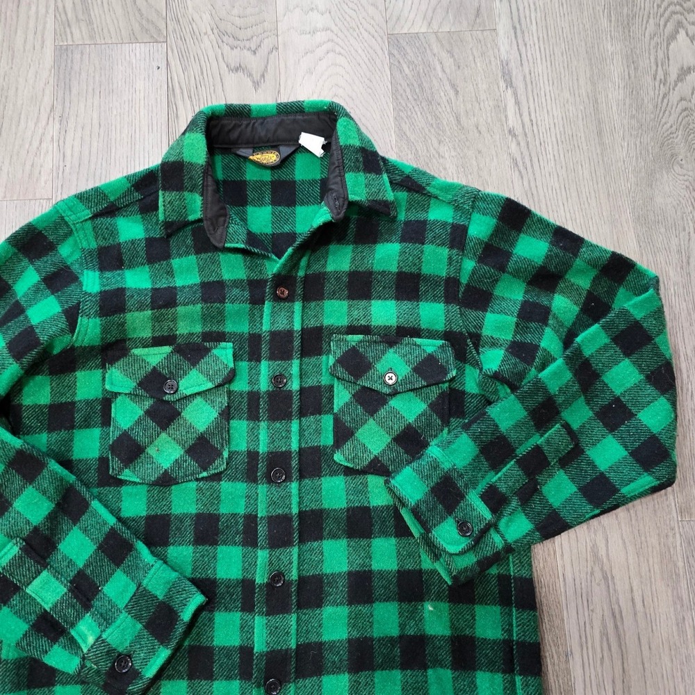 Vtg 80s Woolrich Buffalo Plaid Wool Flannel Shirt Green Black Mens Medium USA